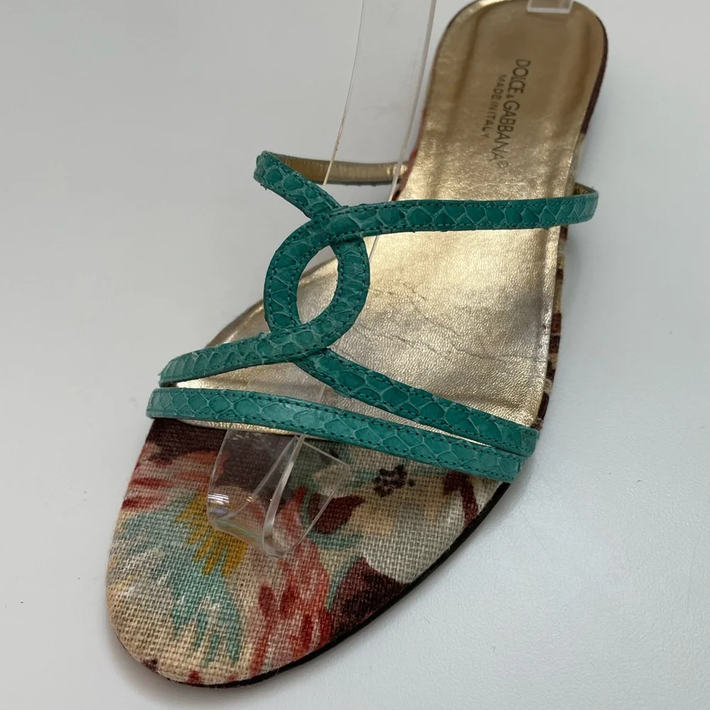 Dolce & Gabbana Turquoise Snake-Embossed Leather & Floral Canvas Flats Size 7.5 - Picture 2 of 9